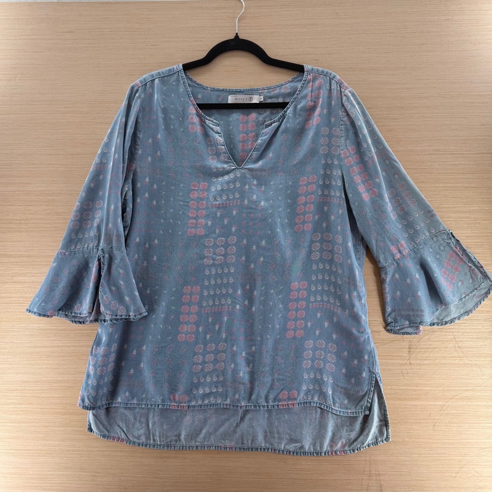 Billy‎ T Womens LG Blue Paisley Floral Lyocell Bell Sleeve Tunic Top Denim Look